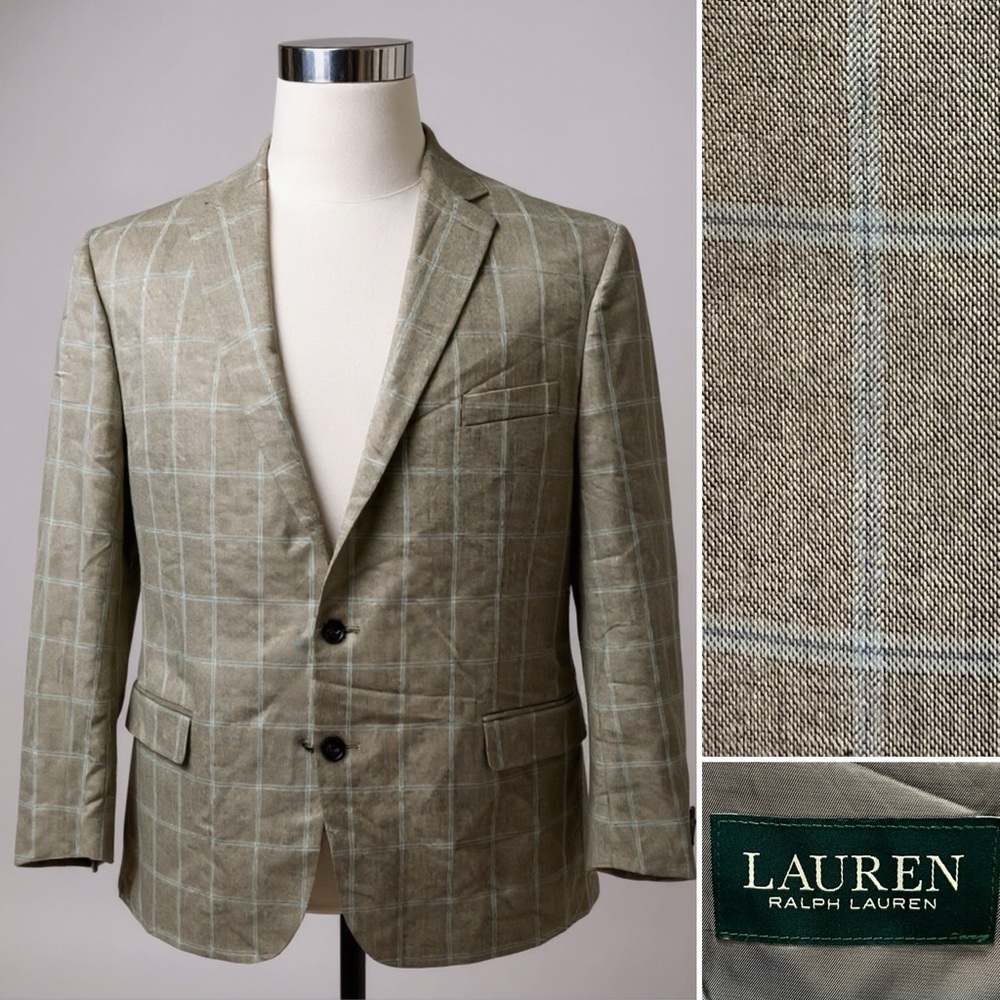 Ralph Lauren Men’s 46R Light Taupe Tan Plaid Blazer Jacket Sport Coat
